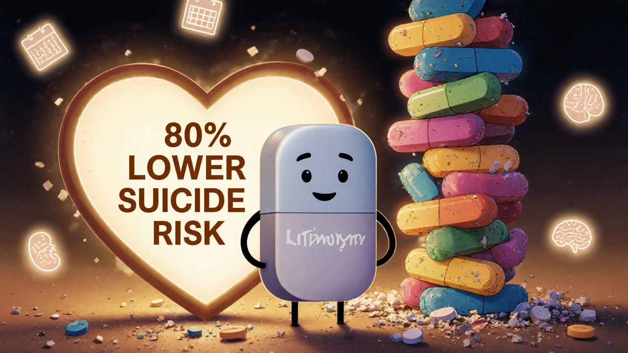 A humble lithium tablet standing strong against fading fancy pills, protected by a heart-shaped shield.