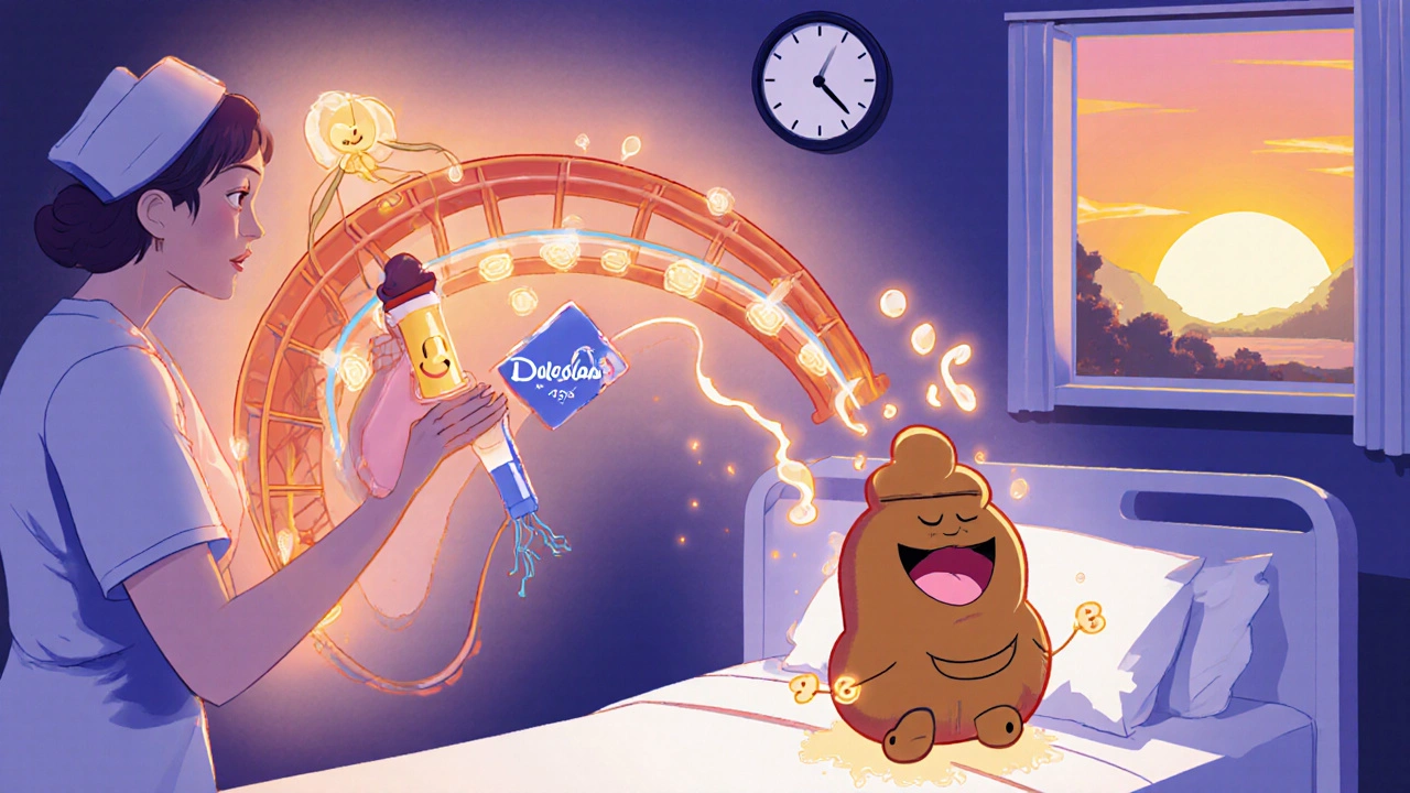 A nurse inserting a suppository as a cheerful intestinal pathway pushes out a happy stool character at dawn.