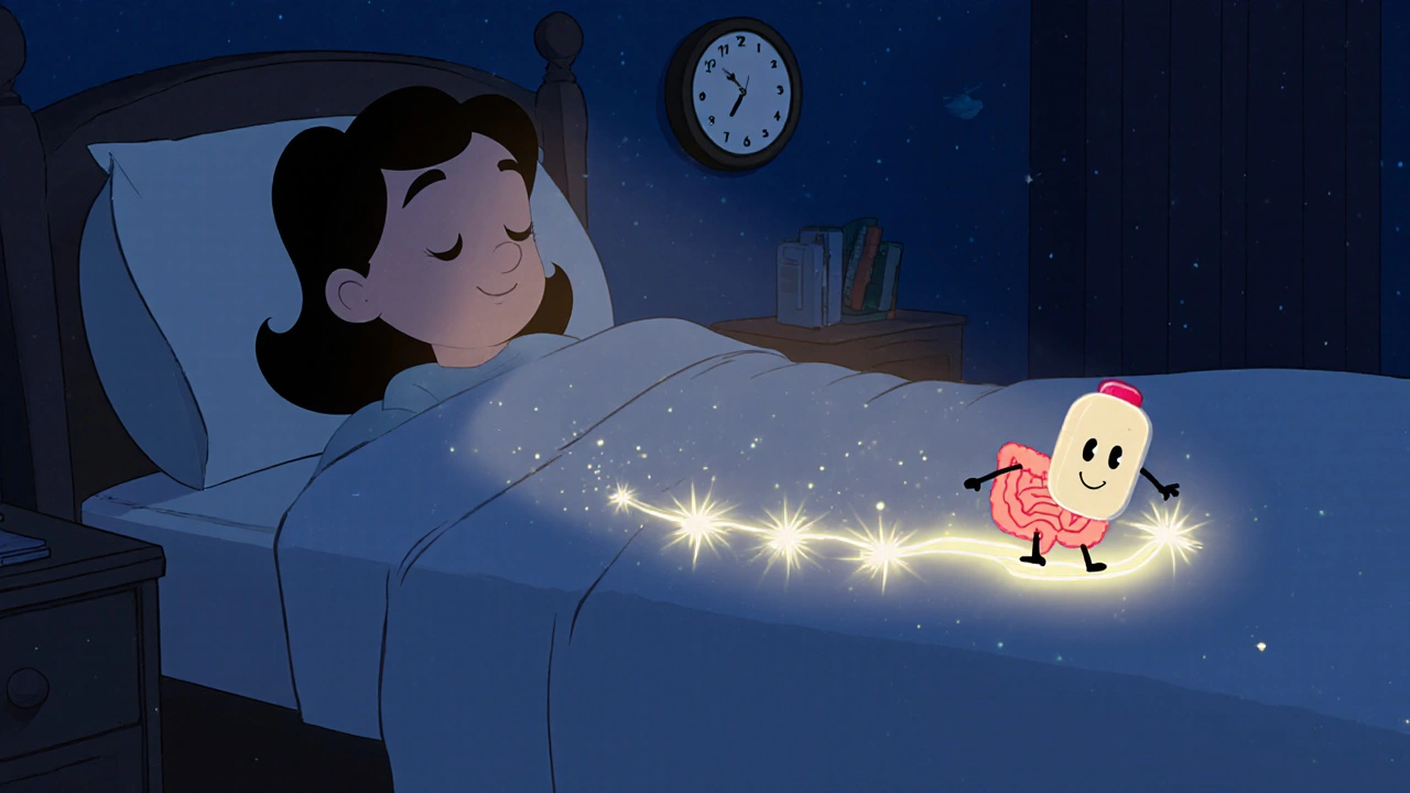 A smiling Dulcolax tablet traveling down a glowing digestive path in a cozy bedroom at night.