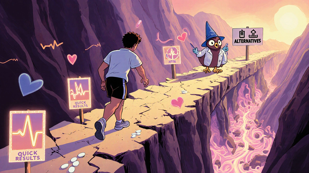 An athlete walks a dangerous path toward quick results, while a wiser path leads to healthy habits.