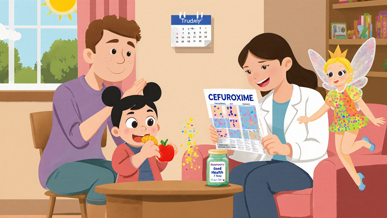 A child taking cefuroxime with applesauce while a probiotic fairy helps gut health at home.