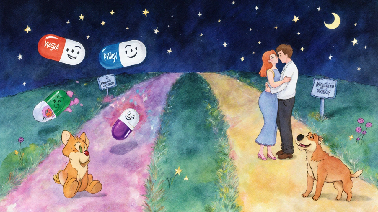A man choosing between two paths of pills leading to a joyful couple under a starry sky.