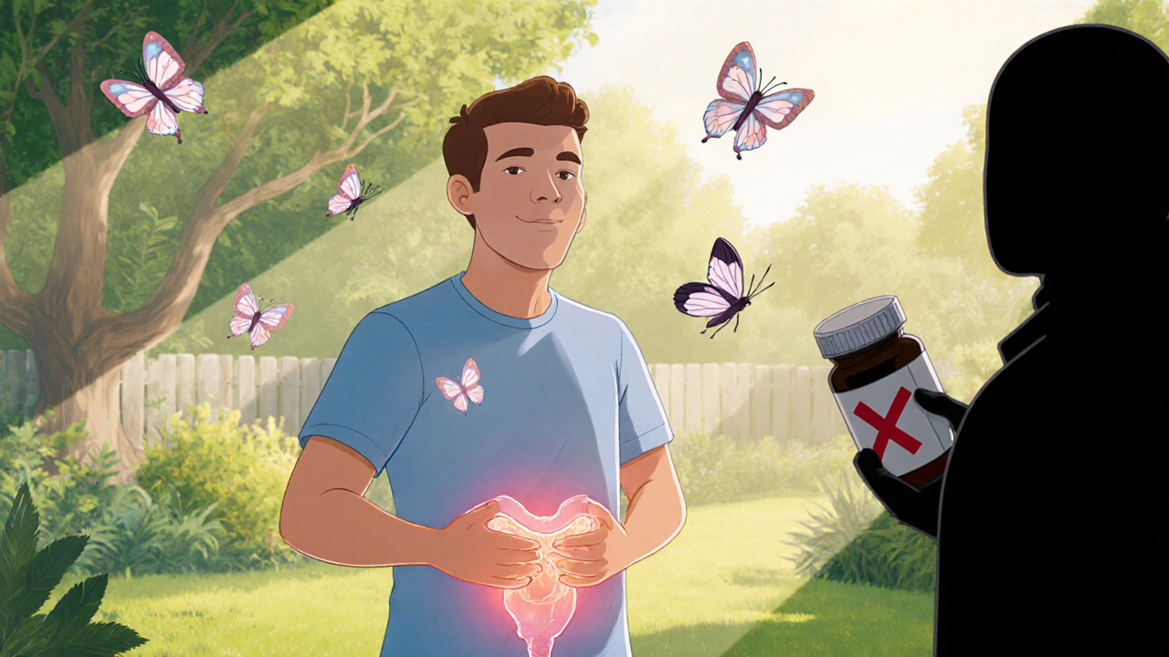 A man doing pelvic exercises as serotonin butterflies flutter around him in a sunny backyard.