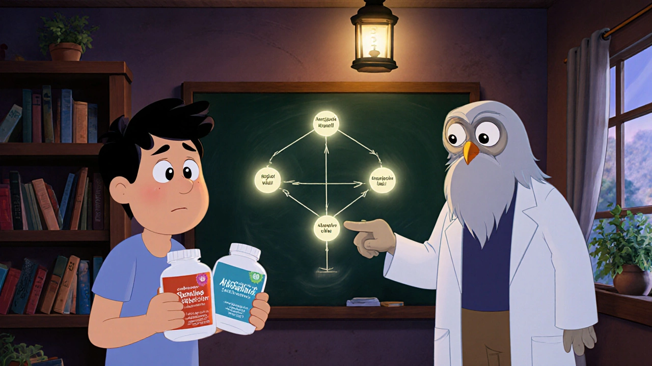 An adult comparing antibiotics with a wise owl guiding them through a glowing chart in a cozy clinic.