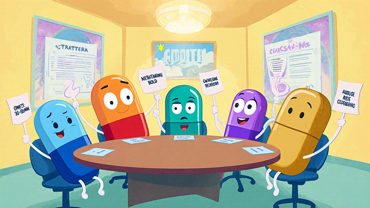 Animated pill characters around a table showing ADHD drug traits.