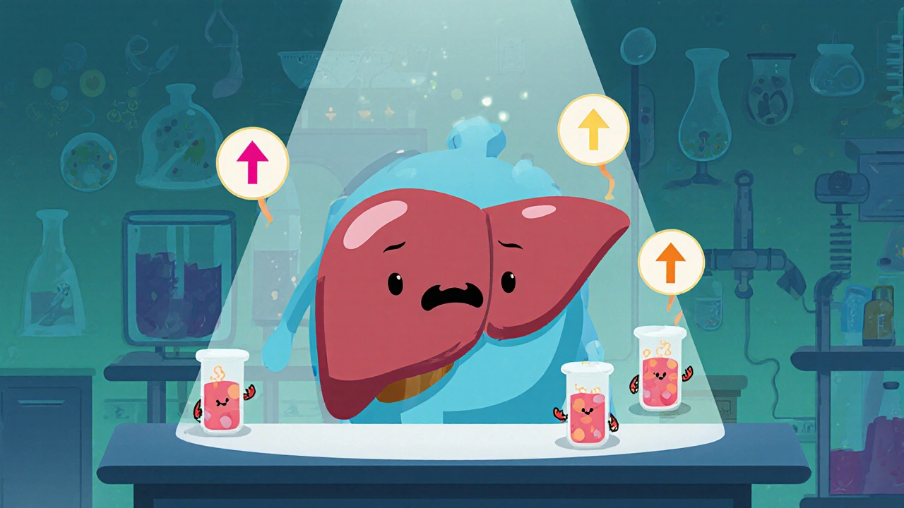 Anthropomorphic liver surrounded by Baricitinib pills and rising ALT/AST icons in a lab.