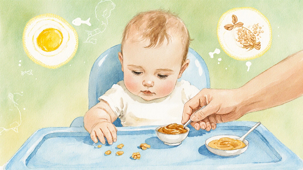 Baby in a high chair tasting a tiny spoonful of peanut butter.