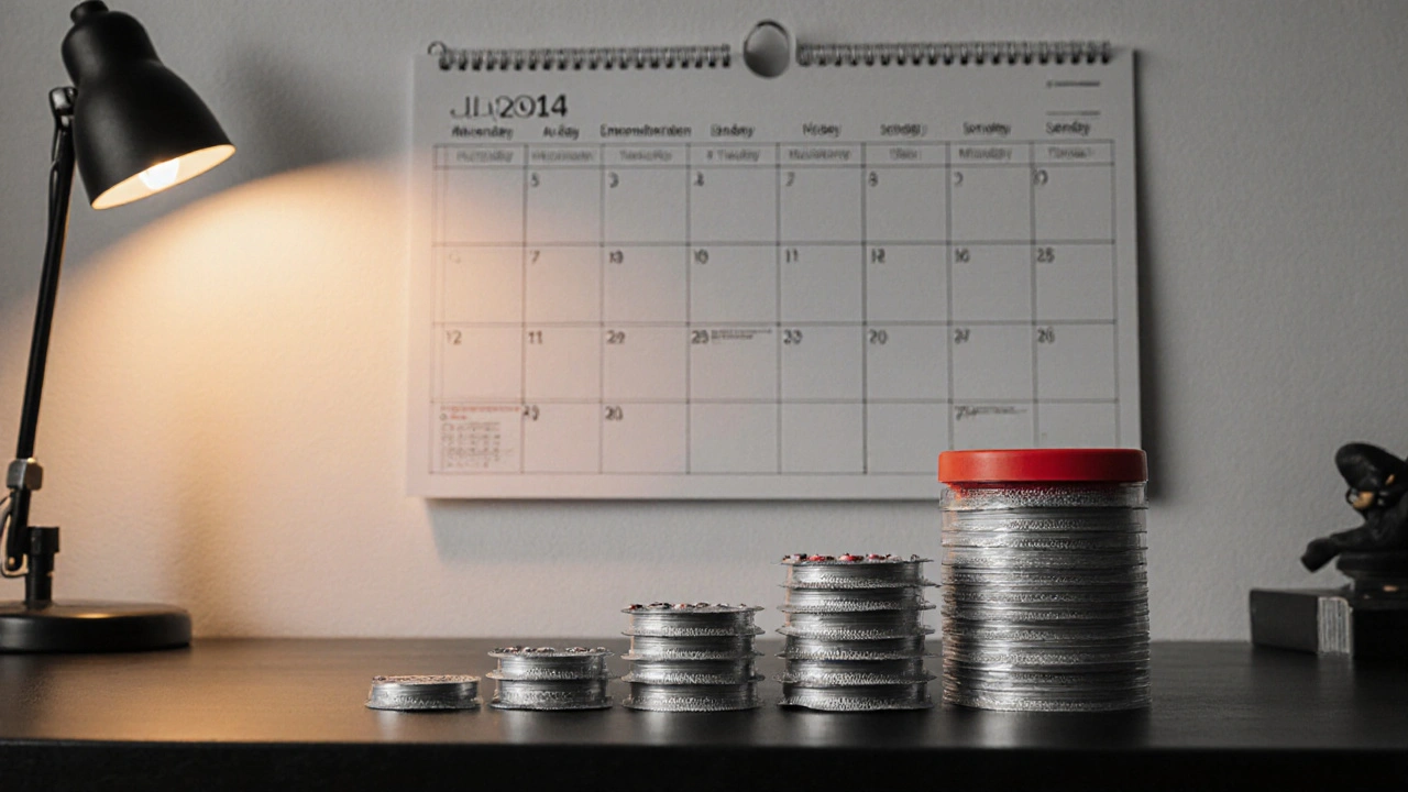 Calendar scene with descending pill packs showing taper progression, highlighted by a red glow.