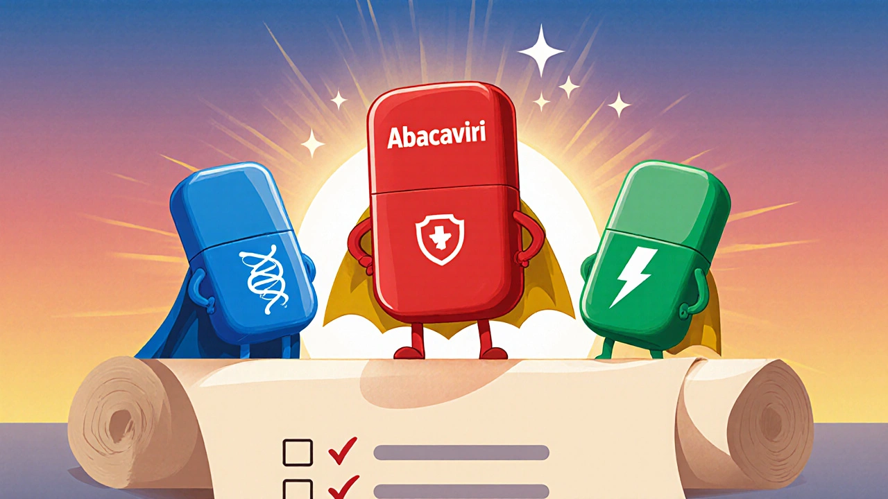 Cartoon tablets Abacavir, Lamivudine, Dolutegravir as heroes on a checklist scroll.
