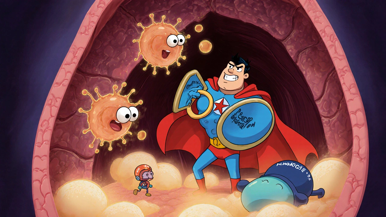 Cefuroxime superhero fighting bacteria in a sinus cavity with defeated amoxicillin nearby.