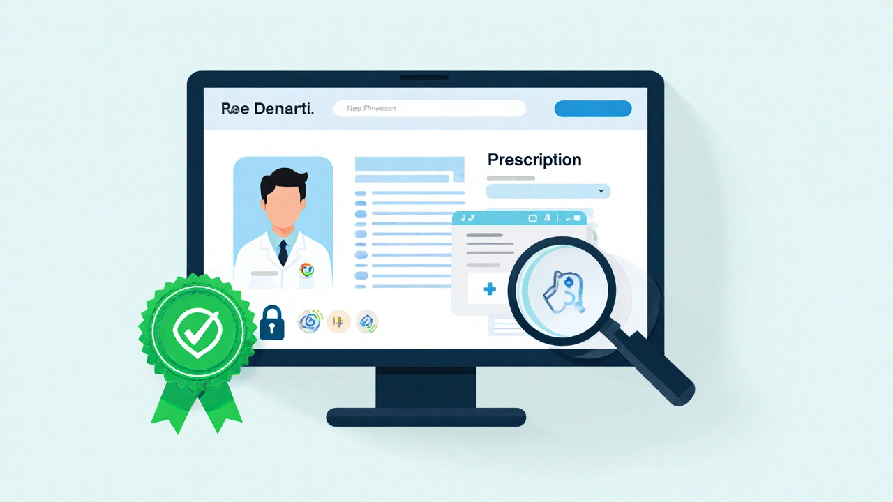 Computer screen showing a verified pharmacy website with security icons.