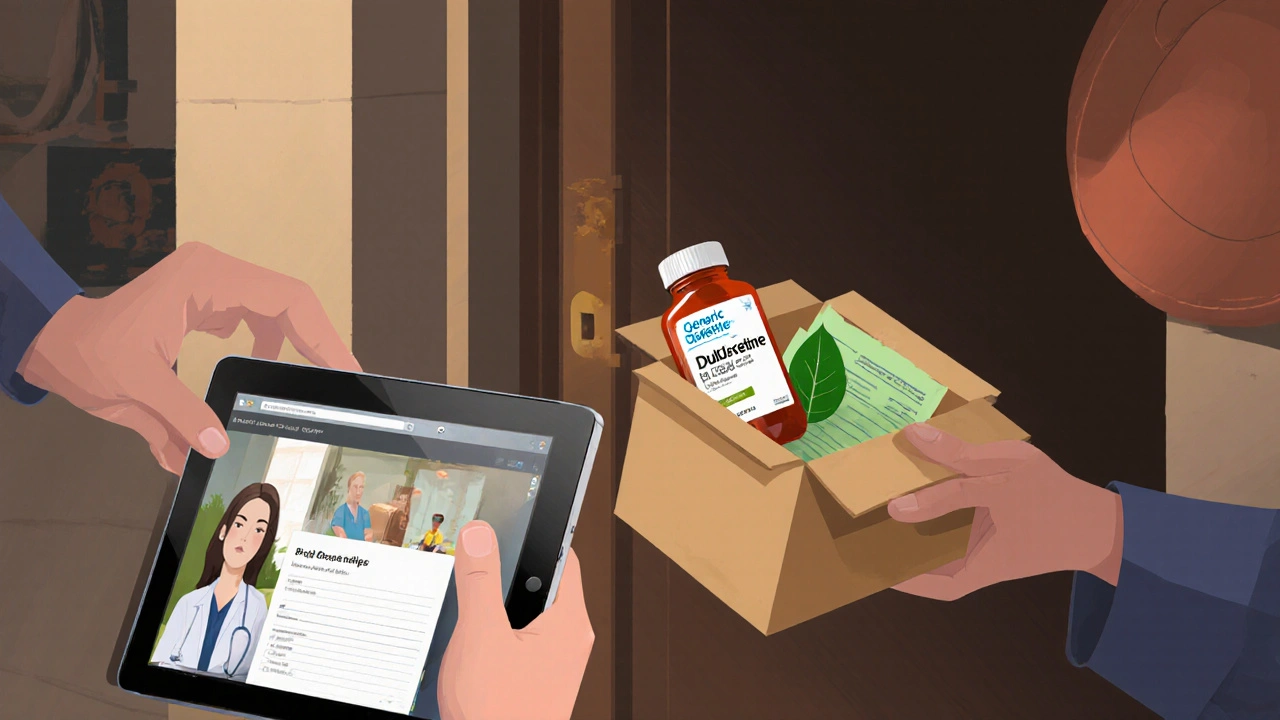 Courier delivering a box containing generic medication and a tablet with a video consult.