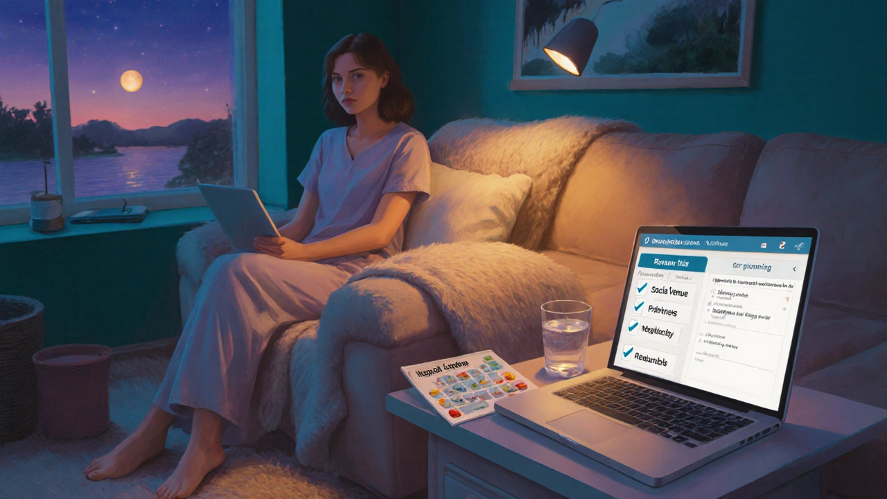 Cozy room with a lupus patient reviewing a social checklist, medication, and an online support chat.