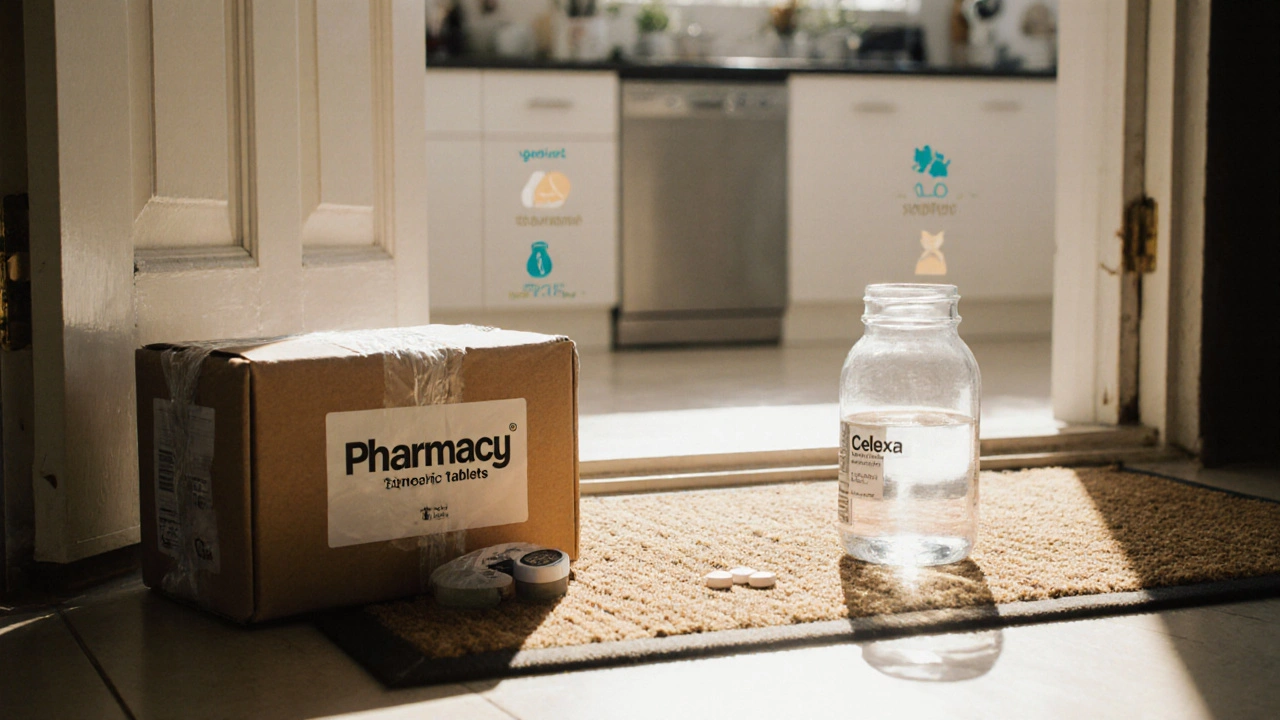 Delivery box on a doorstep with a generic Celexa bottle on a kitchen counter.