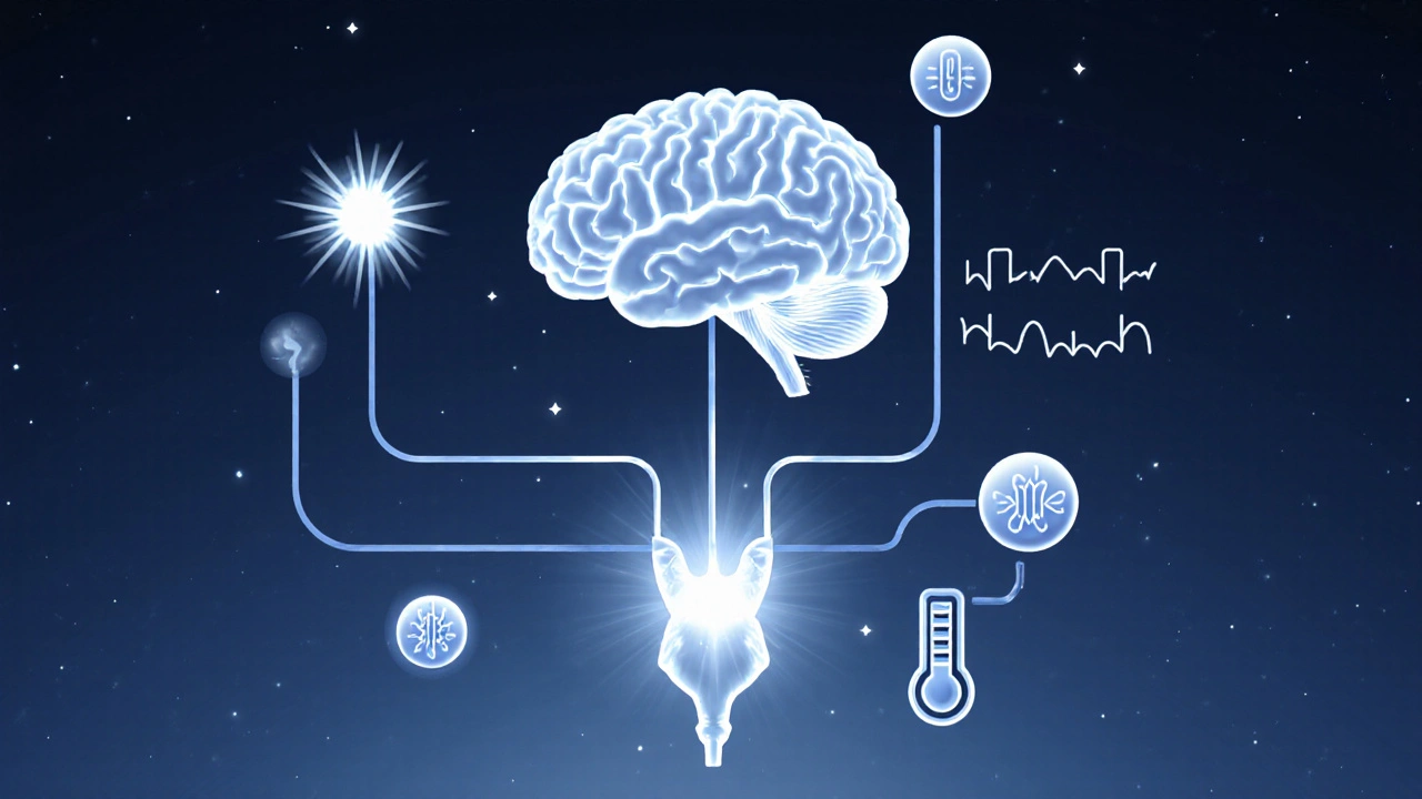 Detailed diagram of hypothalamus, pituitary, and REM mechanisms like neural activation and temperature dip.