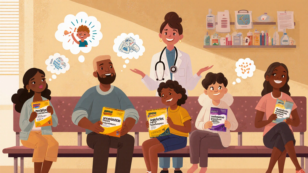 Diverse patients in a clinic with thought bubbles showing their infections, being helped by a caring doctor.