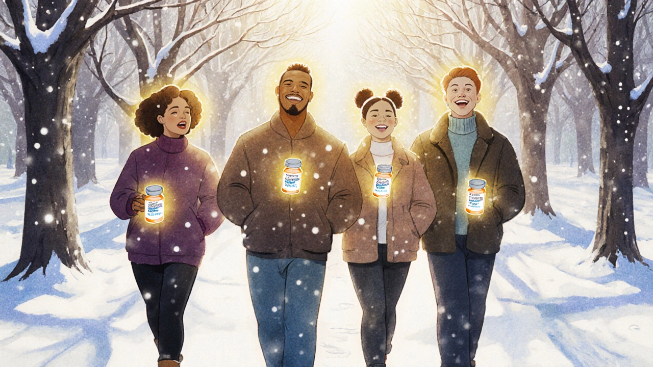 Diverse people walking cheerfully in a winter park, each carrying sertraline, sunlight filtering through bare trees.