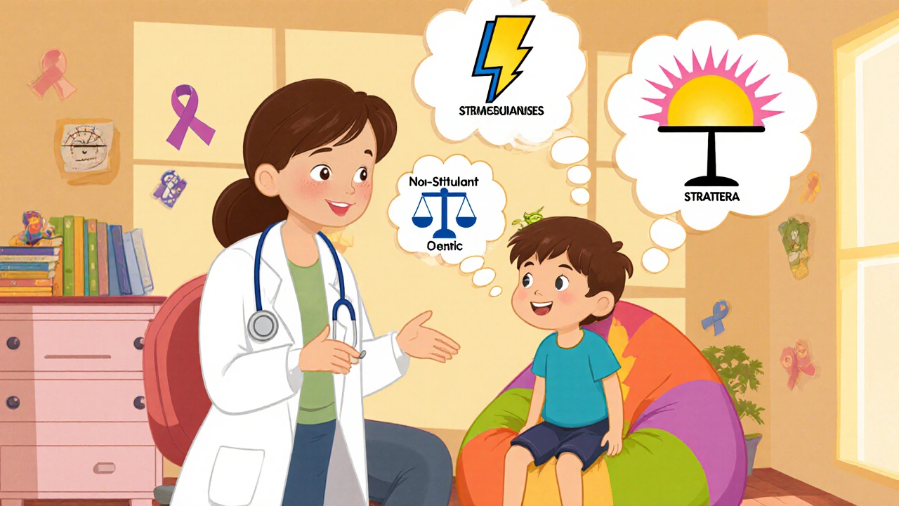 Doctor and child discussing medication options with thought bubbles.