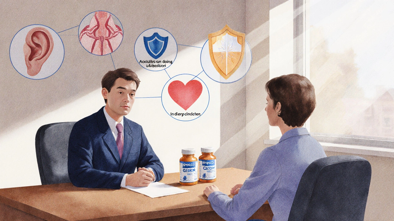 Doctor and patient discuss treatment options with pill bottles on the desk.