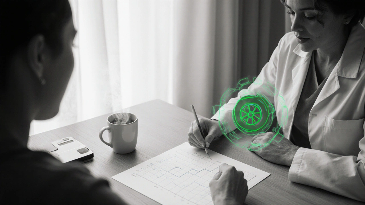 Doctor and patient reviewing recovery chart, green accent on cortisol icon, warm lighting.