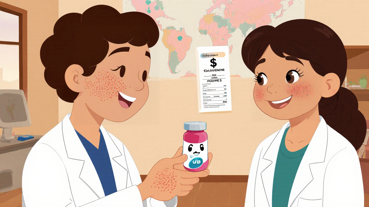 Doctor explains chloroquine to a lupus patient holding a tablet, with low‑cost chart.