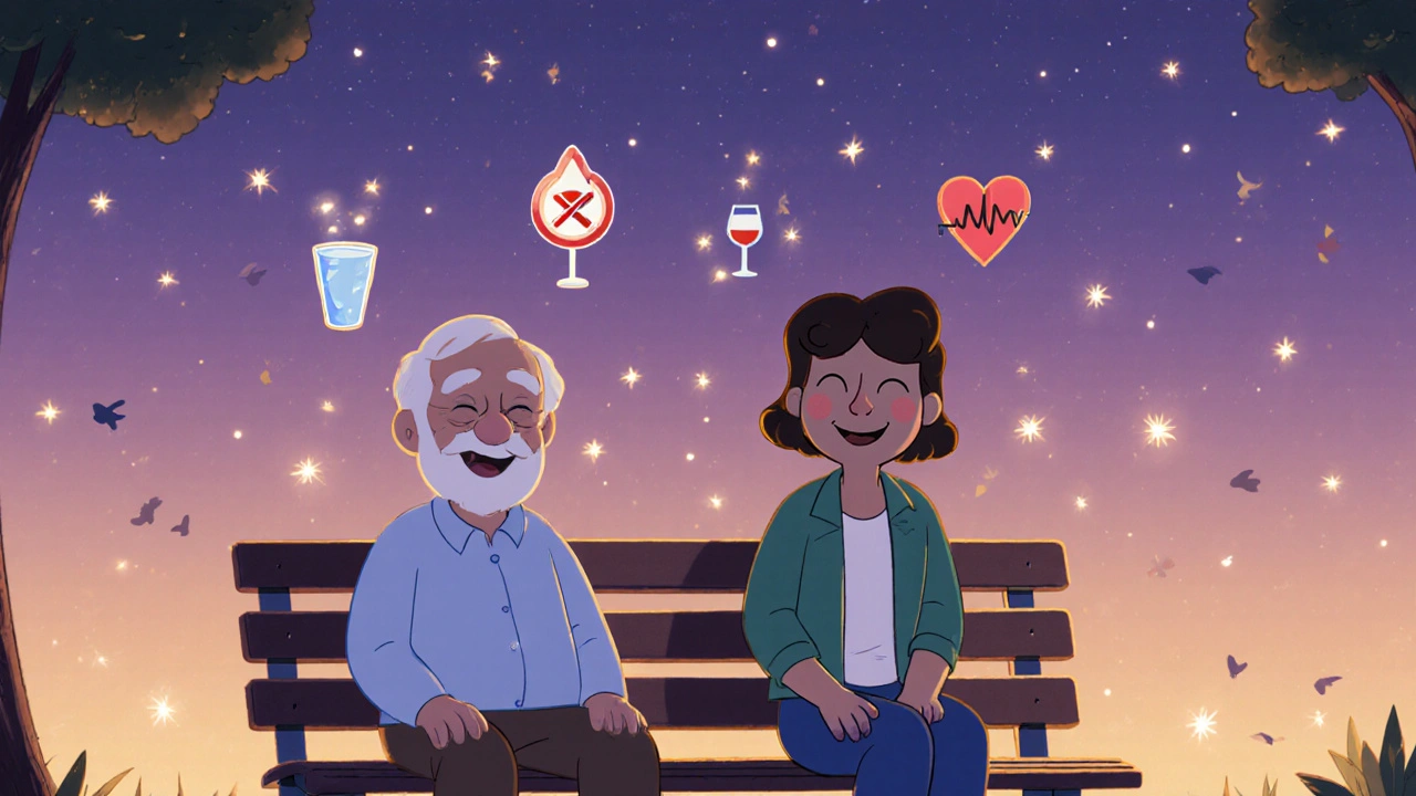 Elderly man and adult on bench with safety icons like water glass and no‑alcohol sign.