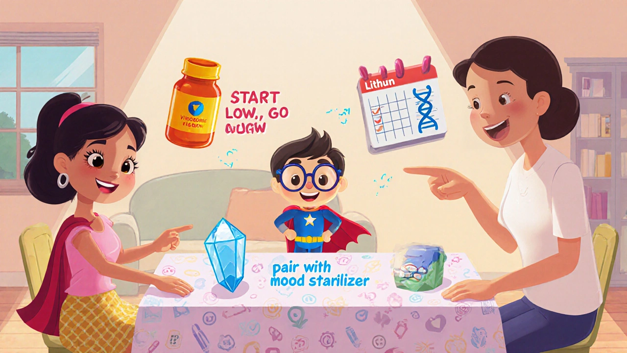 Family with cartoon icons of pill, lithium, calendar and DNA helix representing monitoring steps.
