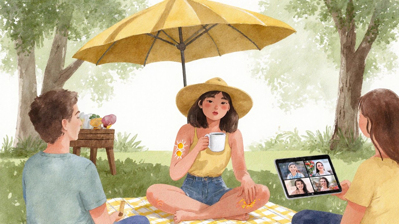 Friends picnicking in the shade while a lupus patient applies sunscreen and joins a video call.