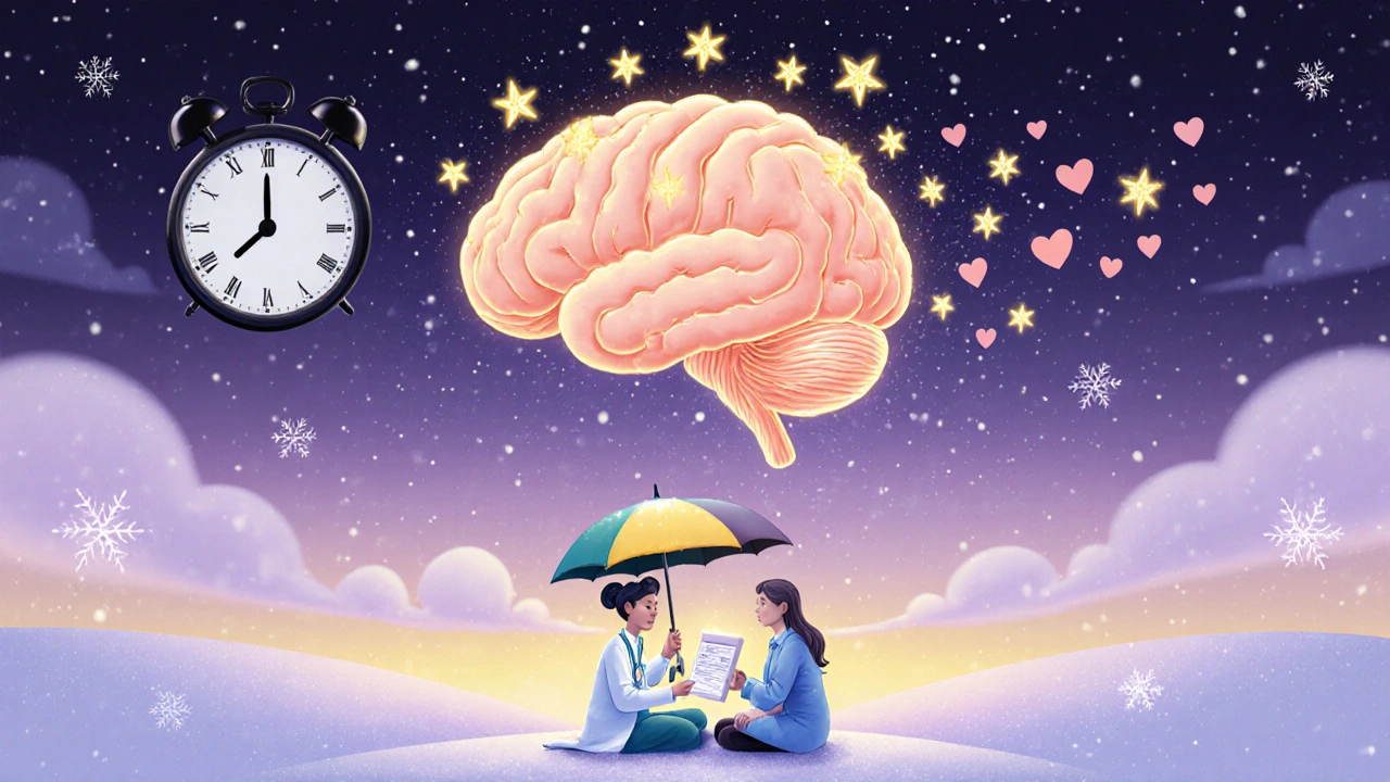 Glowing brain with golden serotonin fireflies in a winter sky, doctor and patient talking under an umbrella.