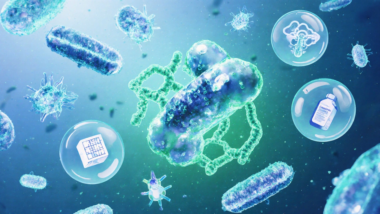 Illustration of cefaclor blocking bacterial cell wall with other antibiotics nearby.