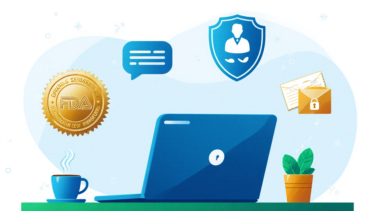 Laptop on desk with safety icons like FDA seal, pharmacist chat bubble, and lock.