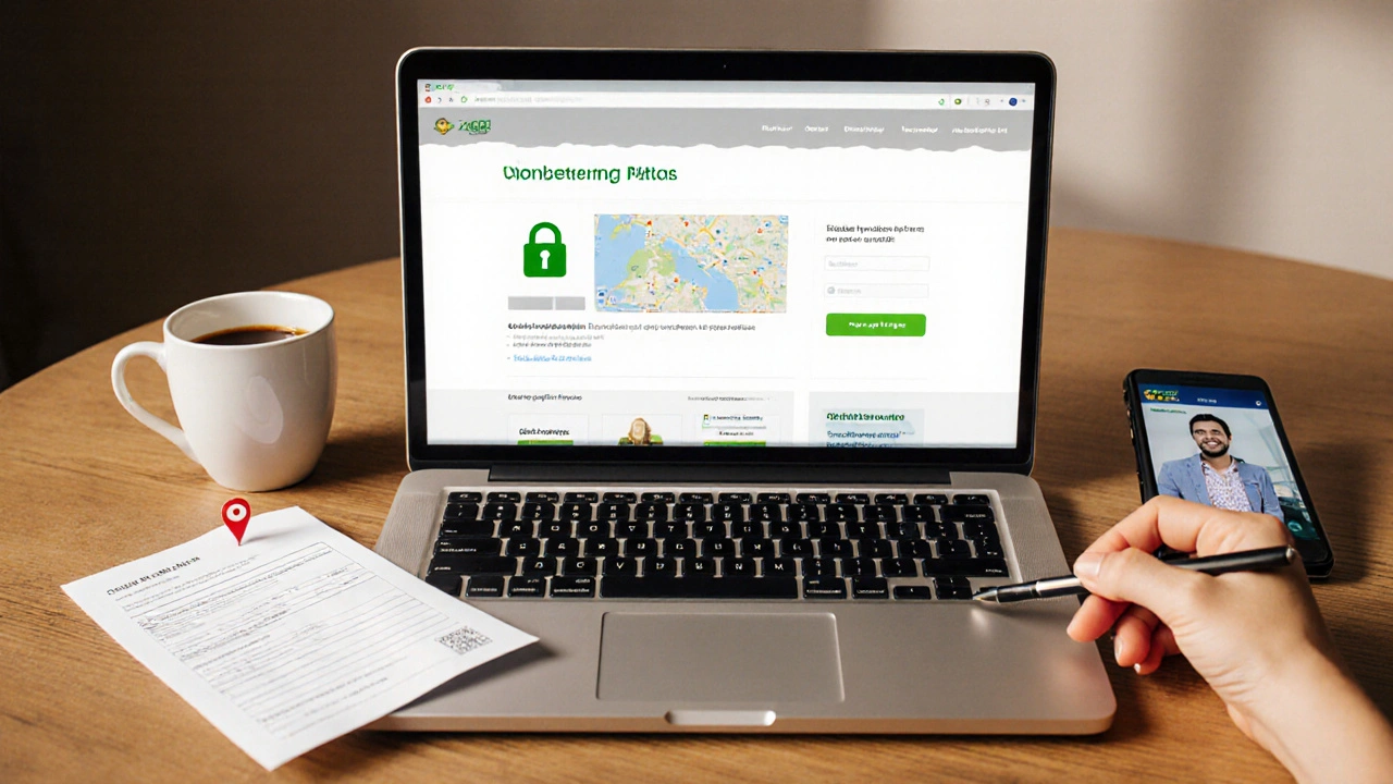 Laptop showing a secure pharmacy site with a prescription and telehealth call nearby.