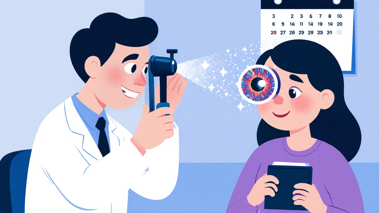 Ophthalmologist examines retina with a glowing device while patient holds a diary.