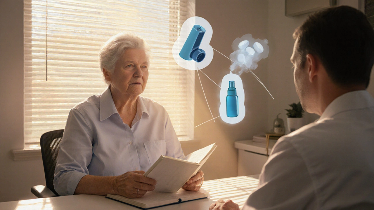 Patient and doctor reviewing a symptom diary with floating medication silhouettes above.