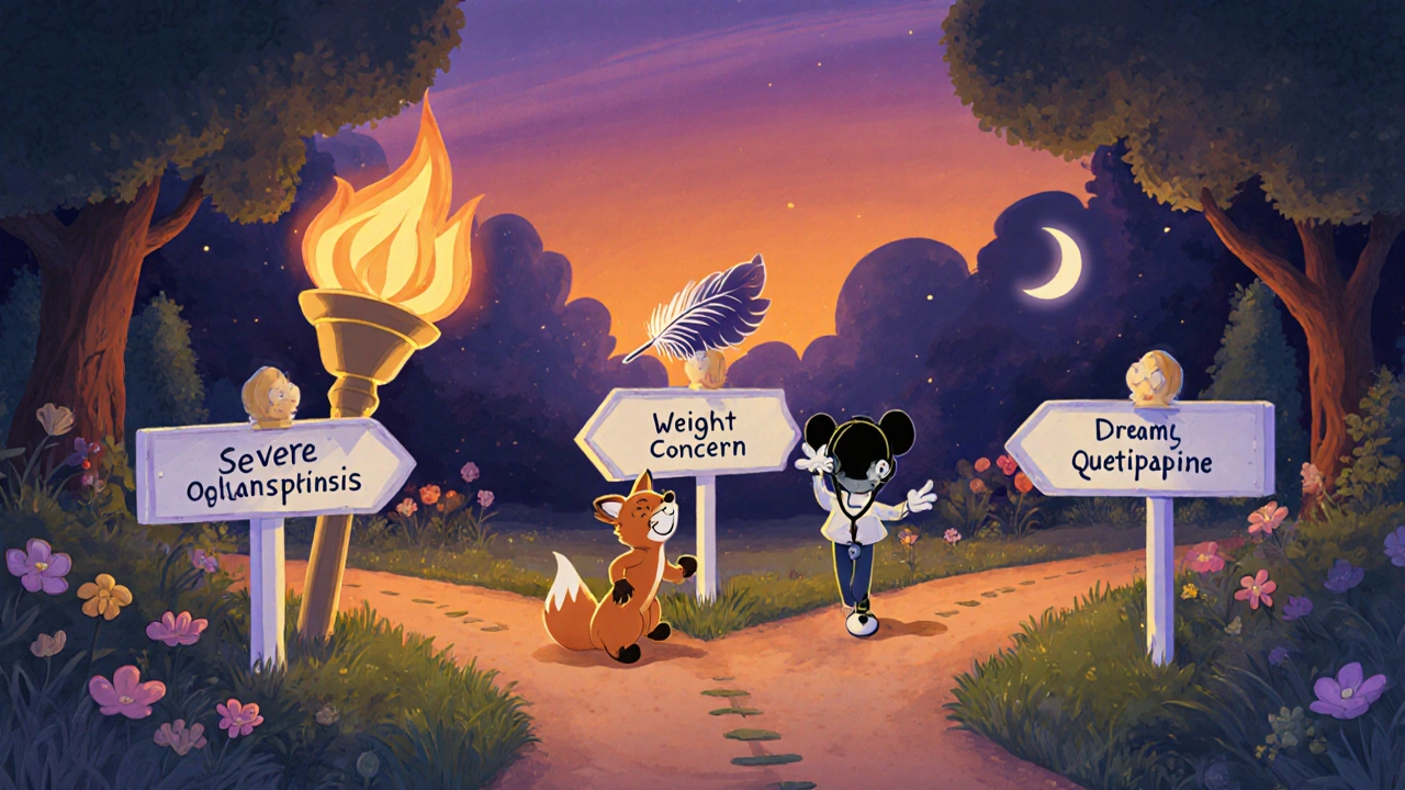 Patient at a garden crossroads with signposts for different antipsychotic choices guided by a friendly fox.