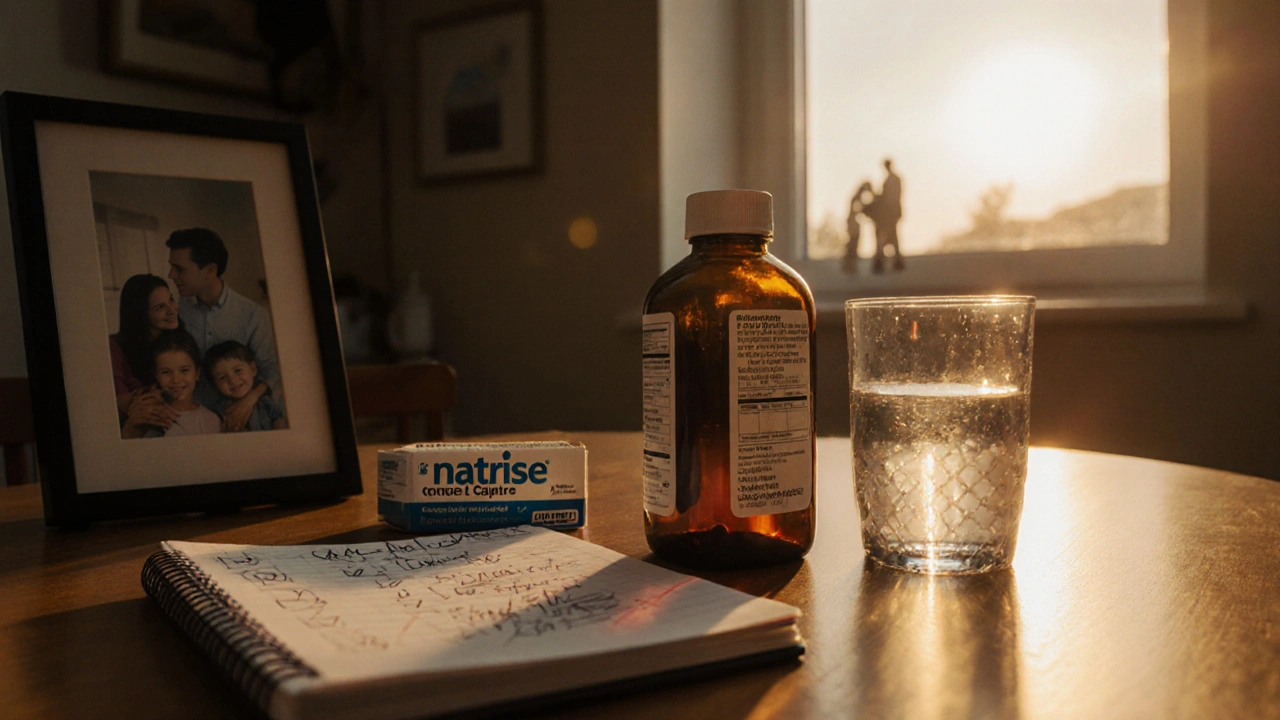 Patient at kitchen table examines medication bottles, water glass, and lab report in warm light.