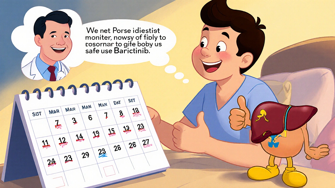 Patient checks a calendar of liver tests with a supportive doctor and happy liver character.