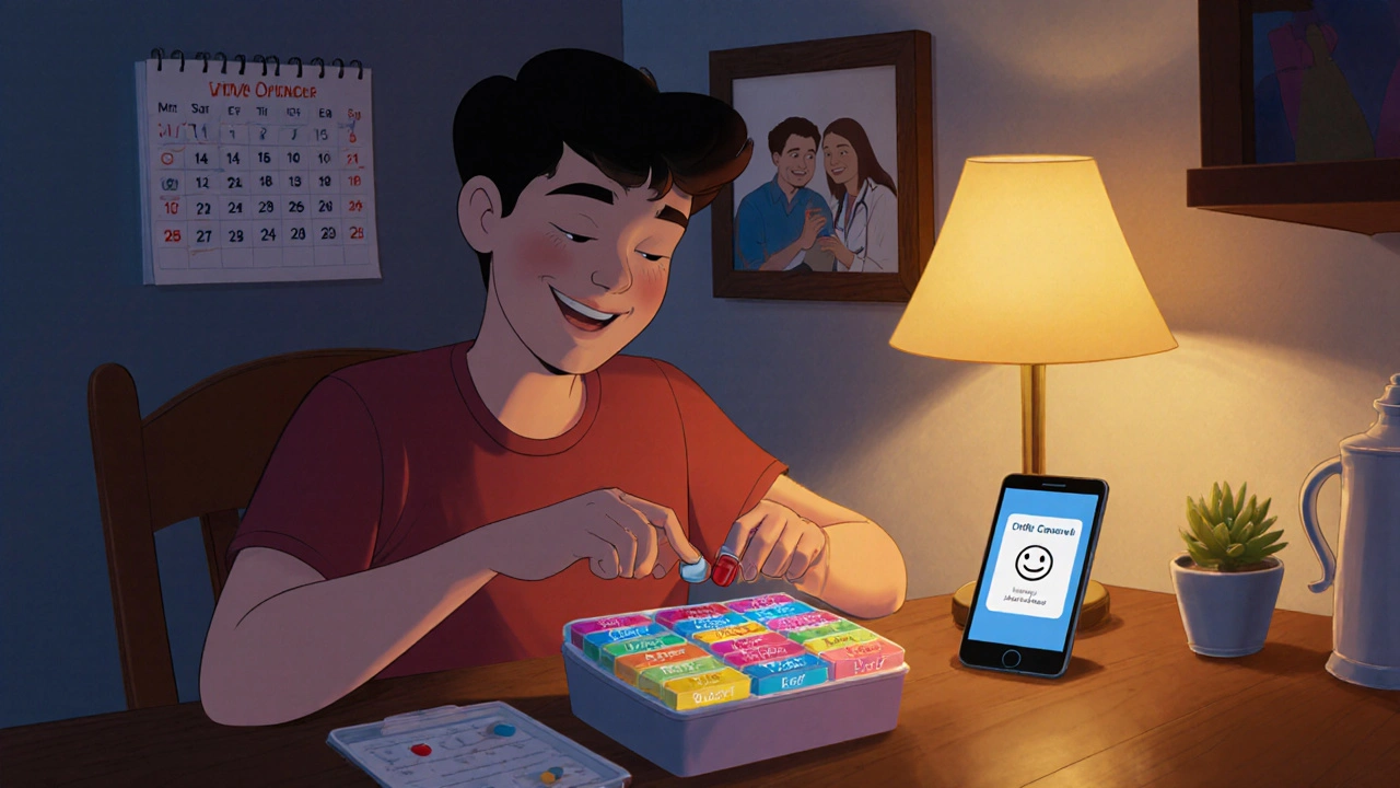 Patient using a pillbox and phone reminder at home, smiling under warm evening light.
