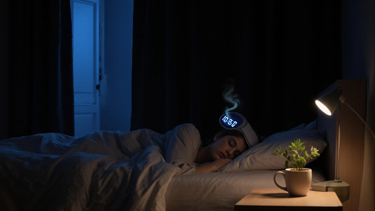Photo of a dark bedroom with blackout curtains, sleep mask, and gentle morning light.