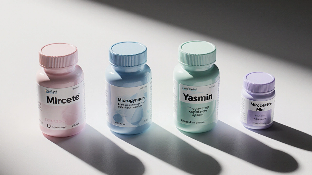 Row of four pill bottles with distinct accent colors representing different birth control brands.