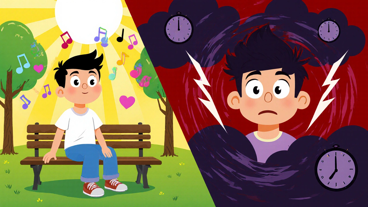 Split scene of a person feeling uplifted and later experiencing a manic switch.