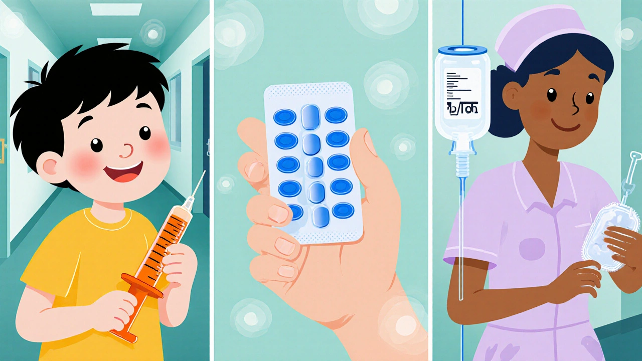 Three vignettes: child dosing liquid, adult holding tablets, nurse giving IV.