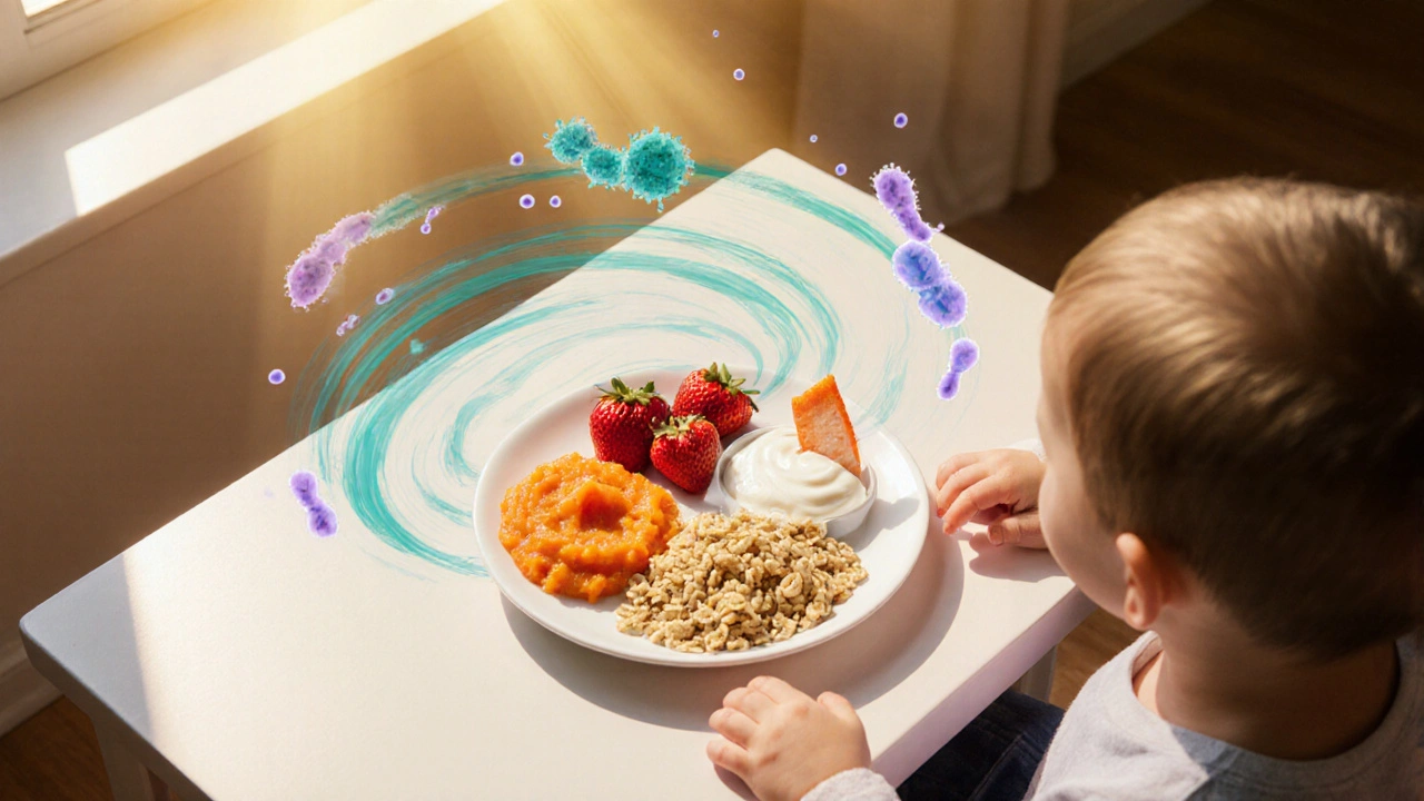 Toddler surrounded by diverse foods with glowing microbes symbolizing gut health.