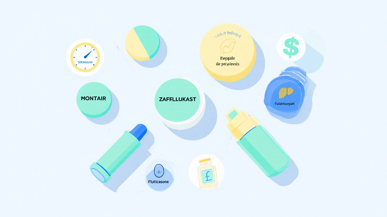 Top‑down view of various asthma and allergy meds with simple icons for onset, side effects, and cost.