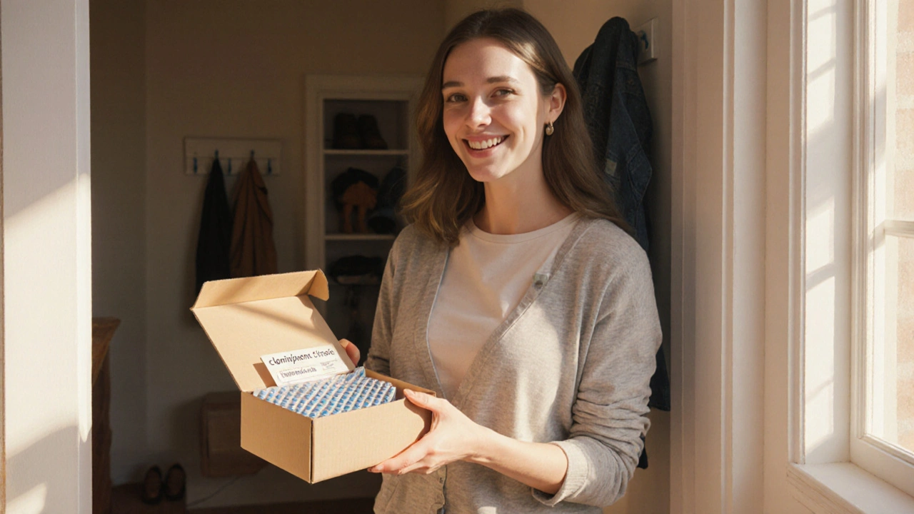 Woman opening a package with a sealed blister pack of medication at home.