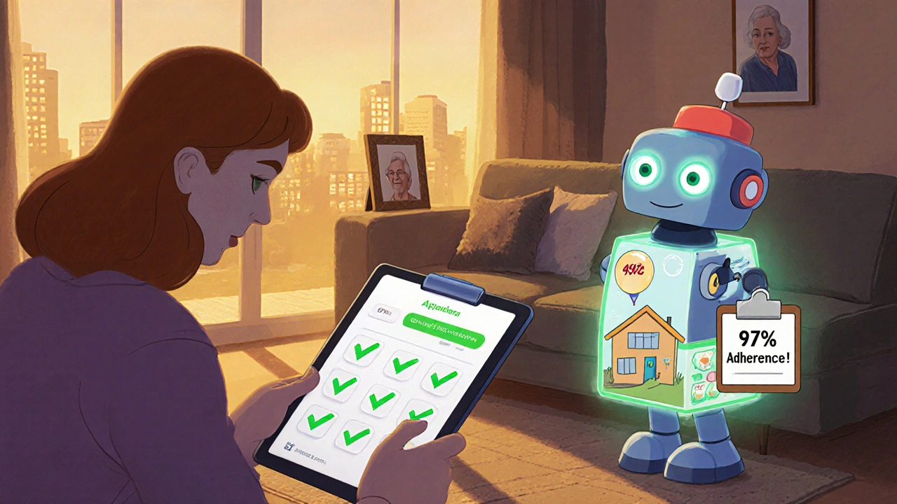 A caregiver watches a tablet showing real-time medication adherence data from a loved one&#039;s smart pillbox.