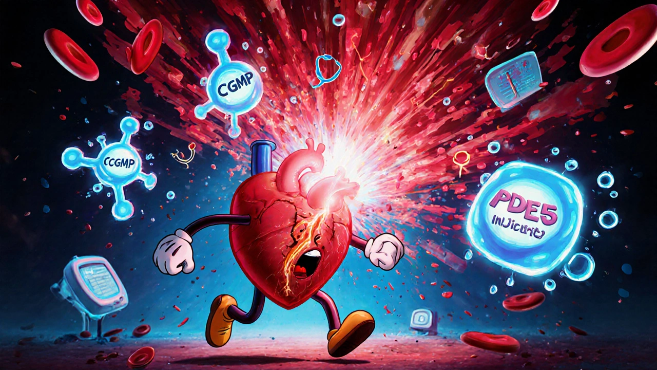 A cartoon heart running away as chemical molecules explode, causing blood vessels to dilate wildly.