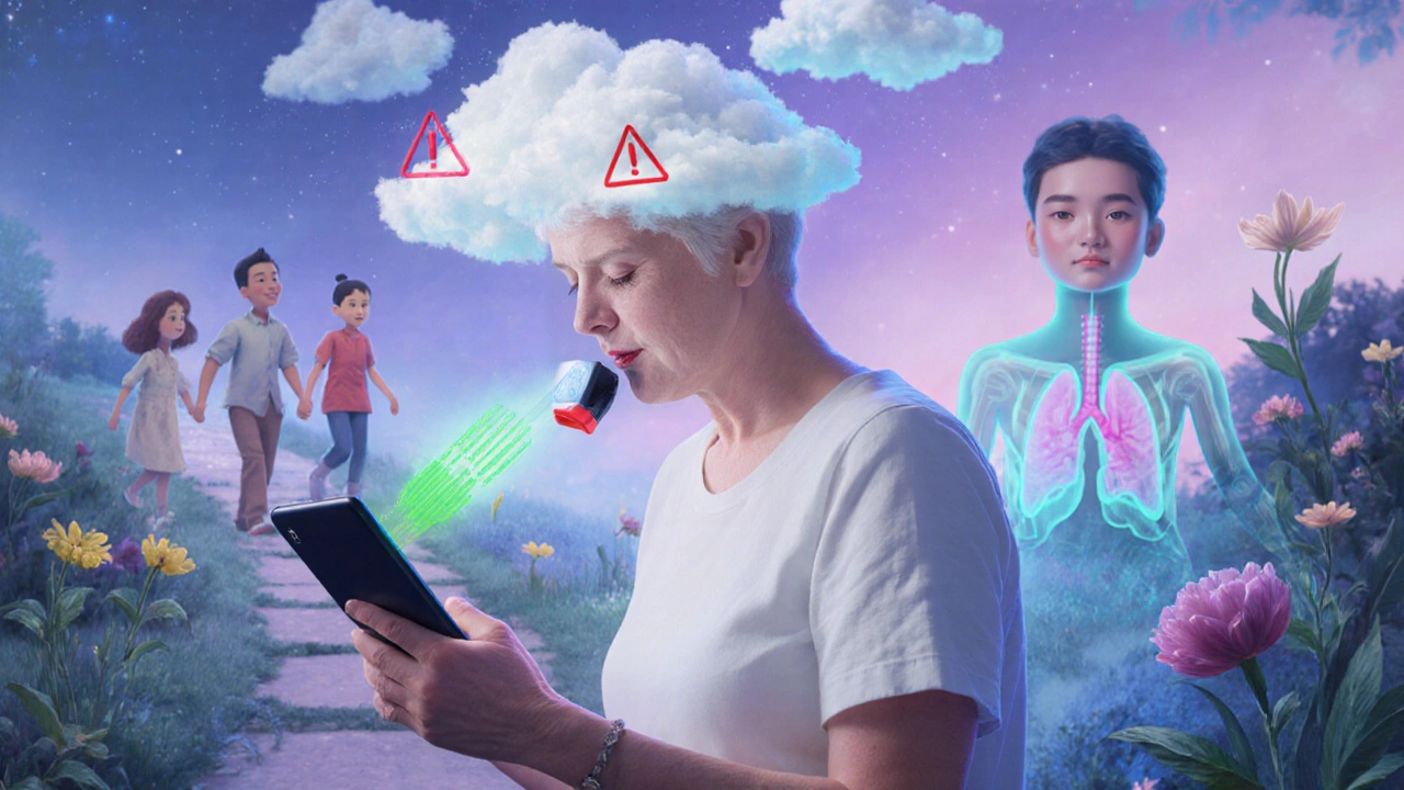 A COPD patient uses a health app with glowing AI predictions and healing light around them, symbolizing hope and progress.