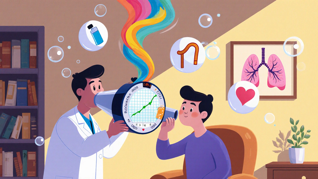 A doctor shows a patient how to use a spirometer, with colorful air streams forming a lung function graph in a cozy clinic.