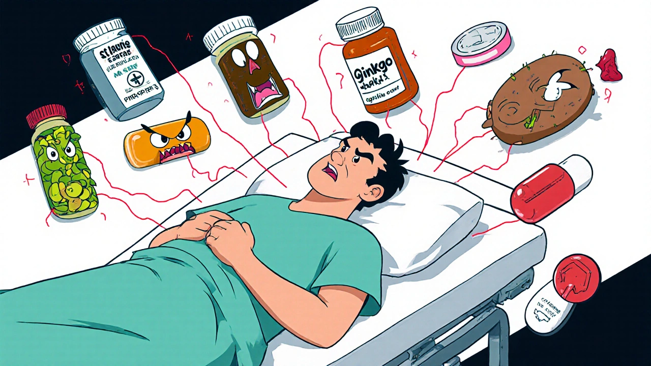 A hospital patient surrounded by menacing herbal supplements linked by warning lines to his prescription pills.